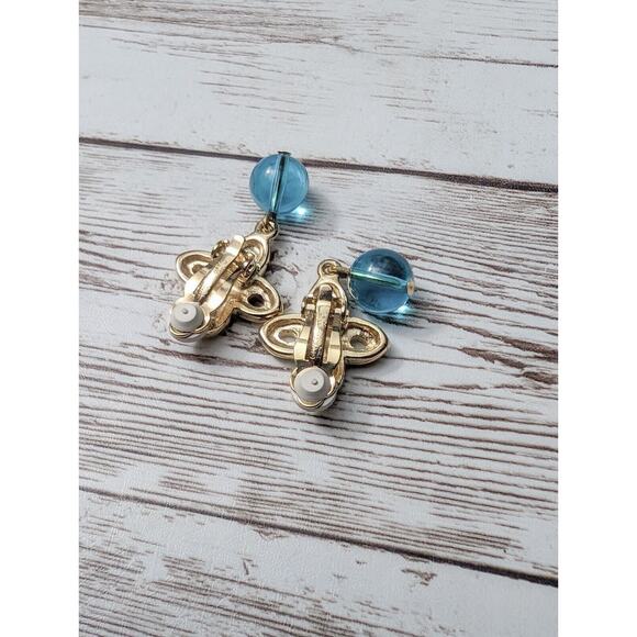Vintage Givenchy Clip On Earrings - Gold Tone & Blue Dangle - Picture 5 of 7